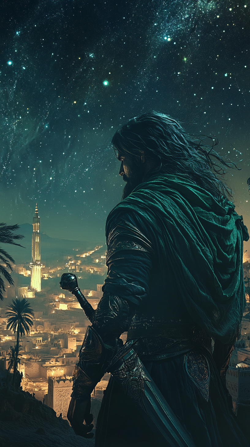 Arabian Warrior with Sword in Night Cityscape - AR 9:16