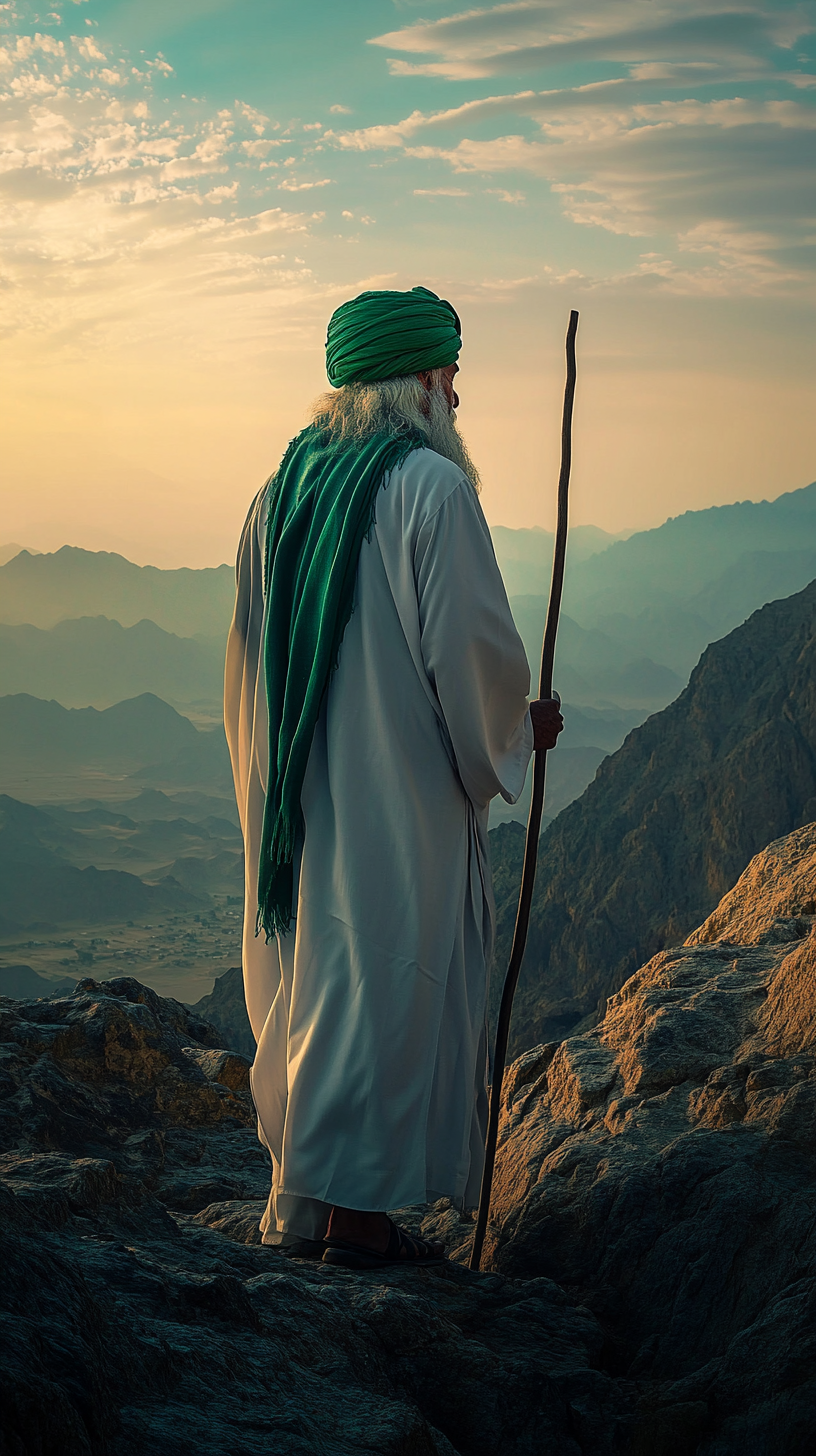 Arabian elder in traditional robes on mountain at sunset