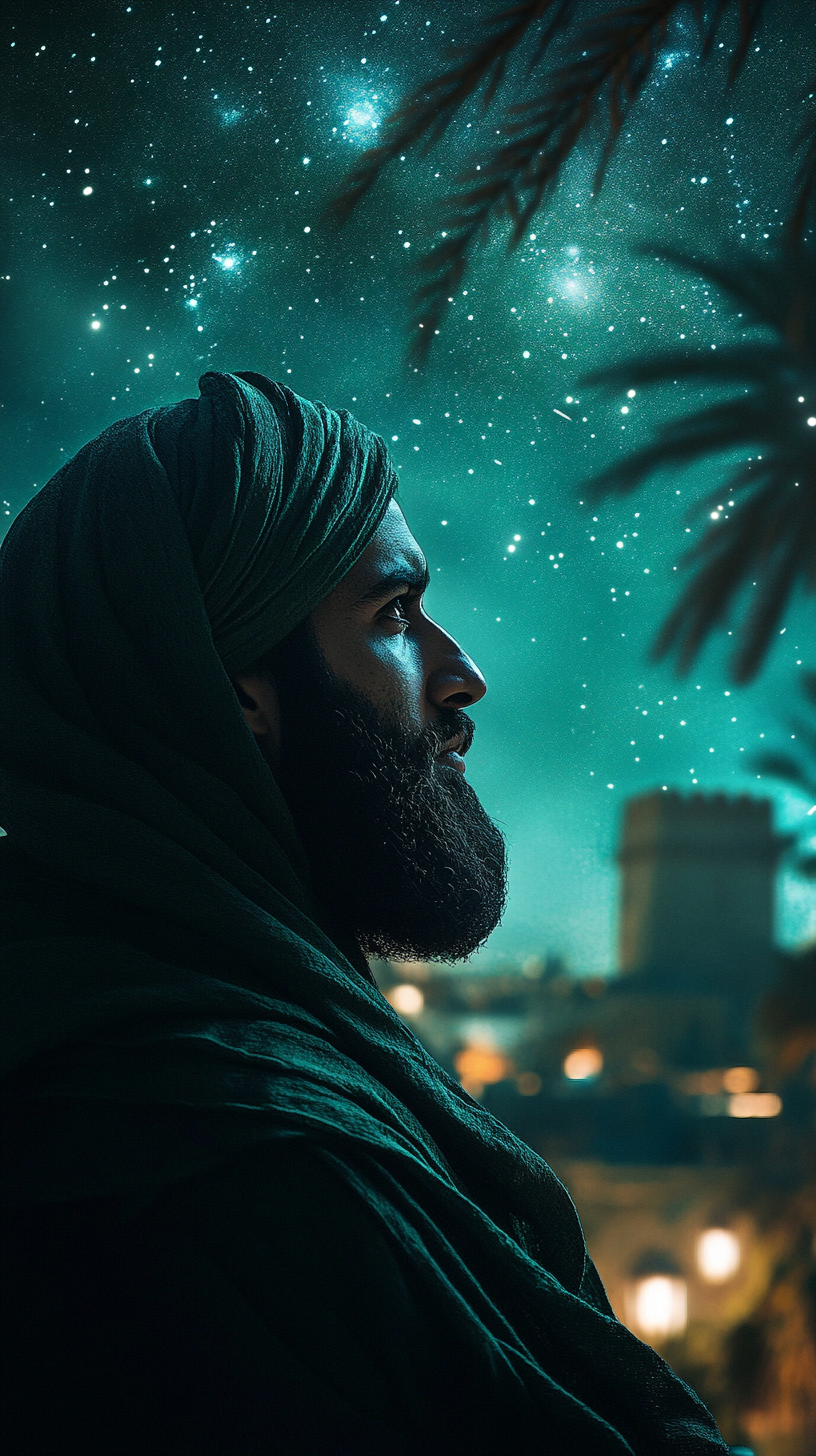 Arabian man in dark green scarf at night - ar 9:16