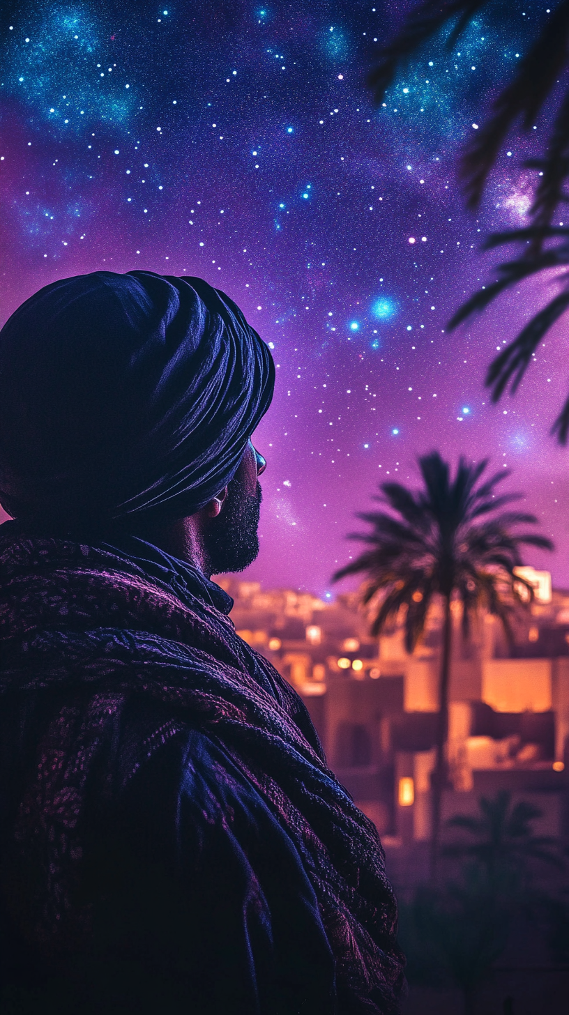 Arabian man in scarf gazes at night cityscape -ar 9:16