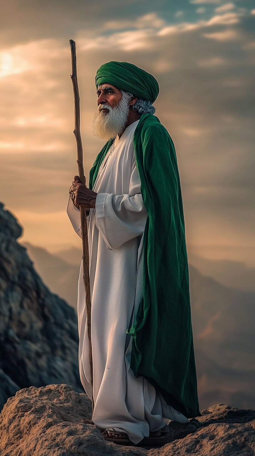 Arabian man in traditional robes on mountain at sunset