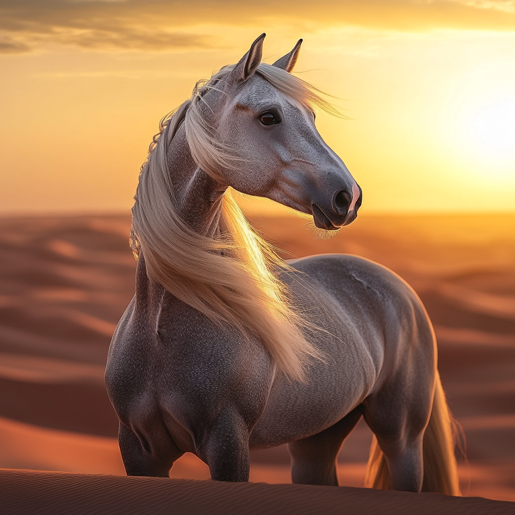 Arabian mare horse in desert at dusk, 8k detail.