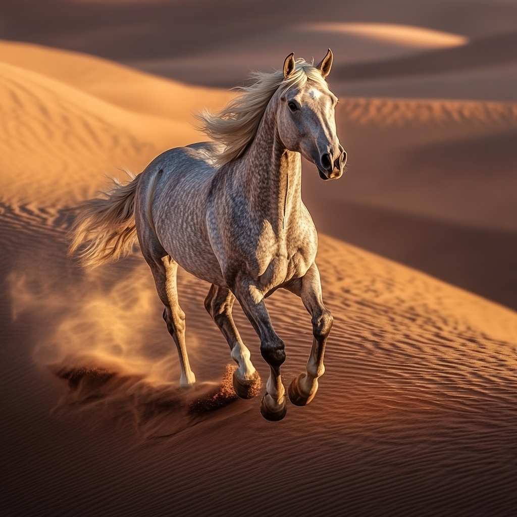 Arabian mare horse running in desert at dusk.