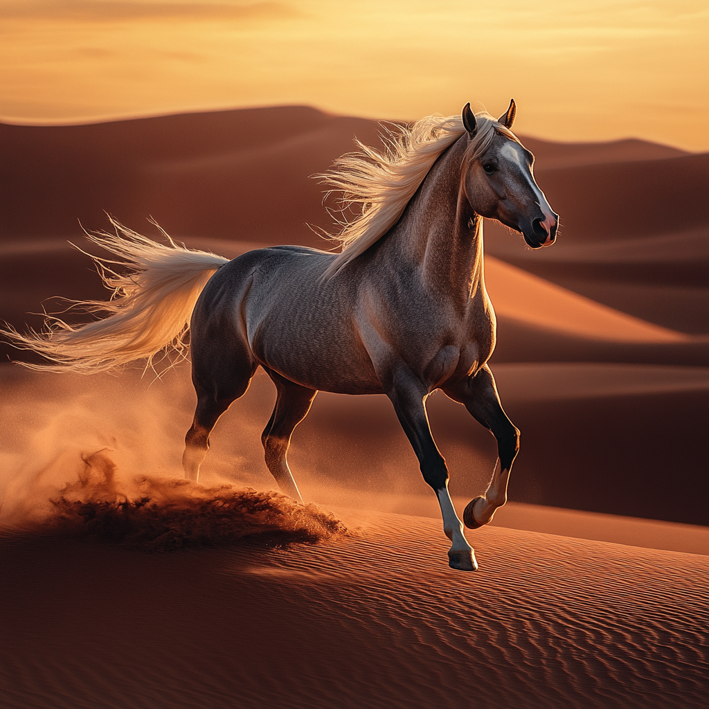 Arabian mare horse with dark gray dapple coat.