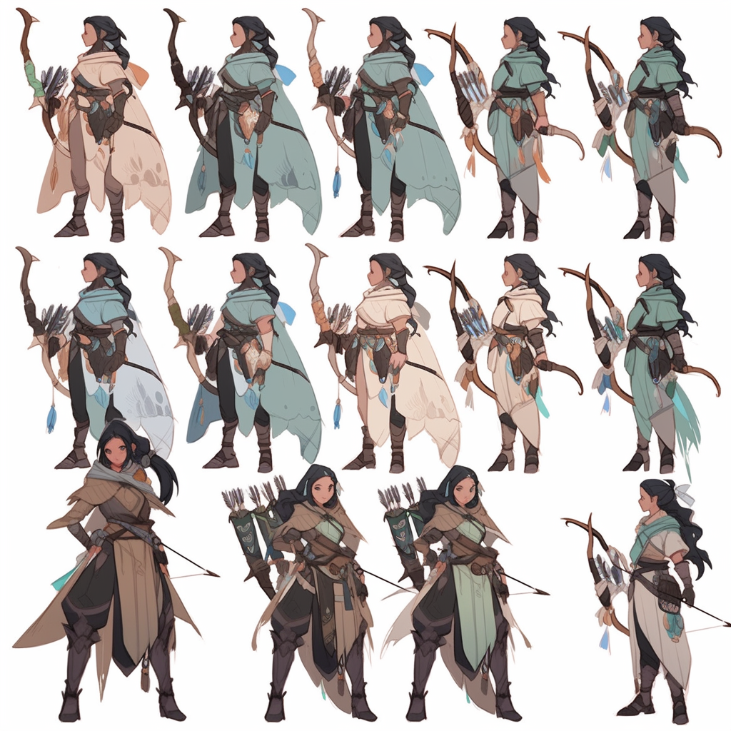 Arabic Female Archer Character Sheet with Multiple Poses