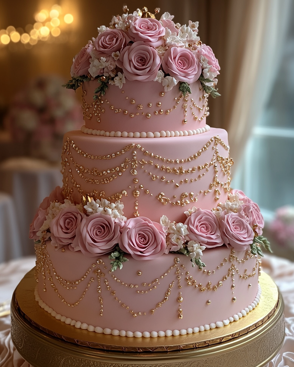 Arabic-Inspired Tiered Cake with Pink Roses and Gold Accents