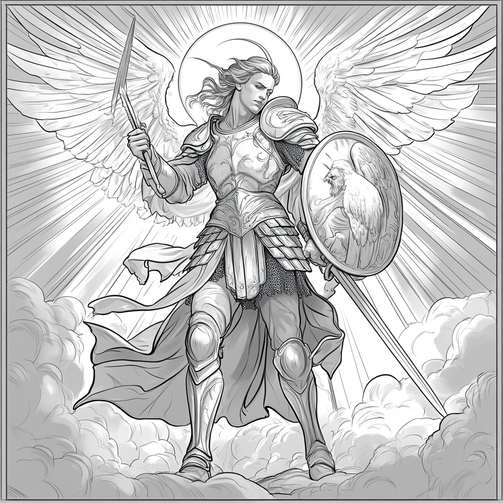 Archangel Michael Defeats Satan in Dramatic Line Art