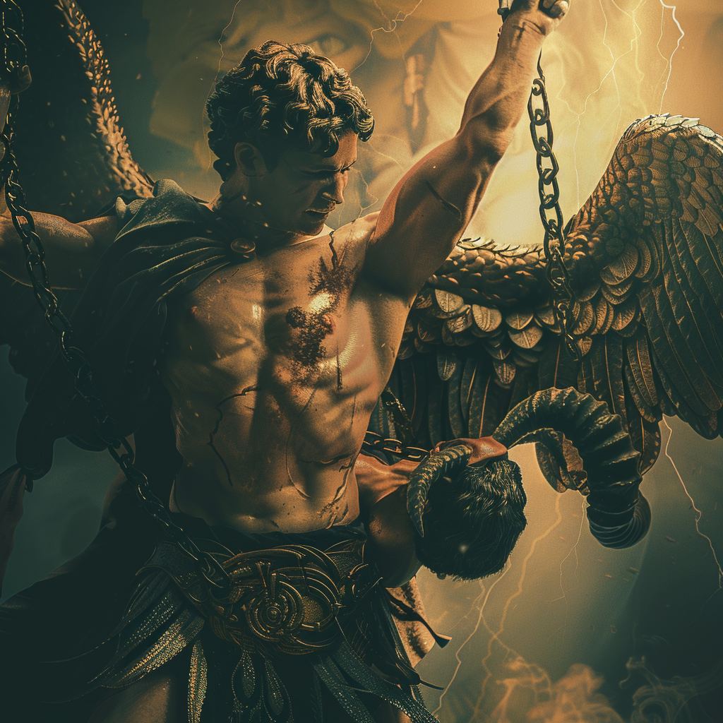 Archangel Michael gripping devil's neck with chain, holding spear.