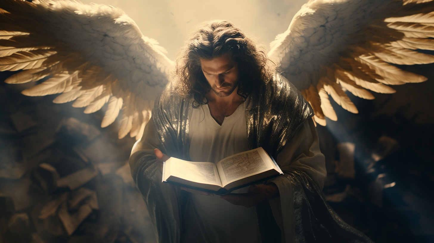 Archangel Miguel offers book to apostle John.