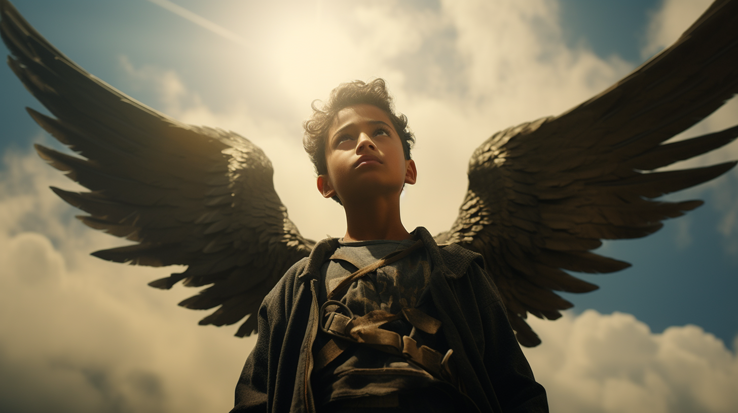 Archangel Miguel pointing up, talking down, towering figure.