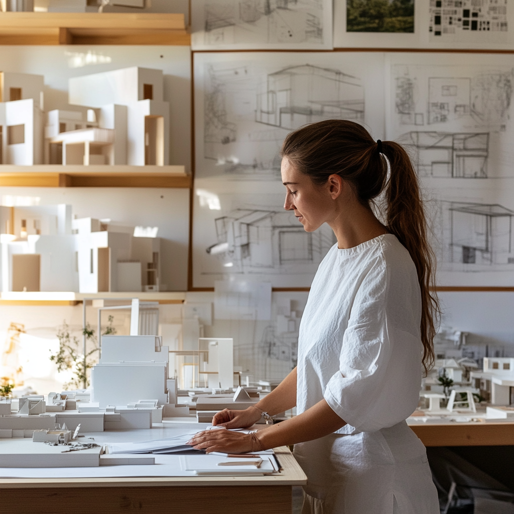 Architect displays scale models in studio, technical drawings posters.