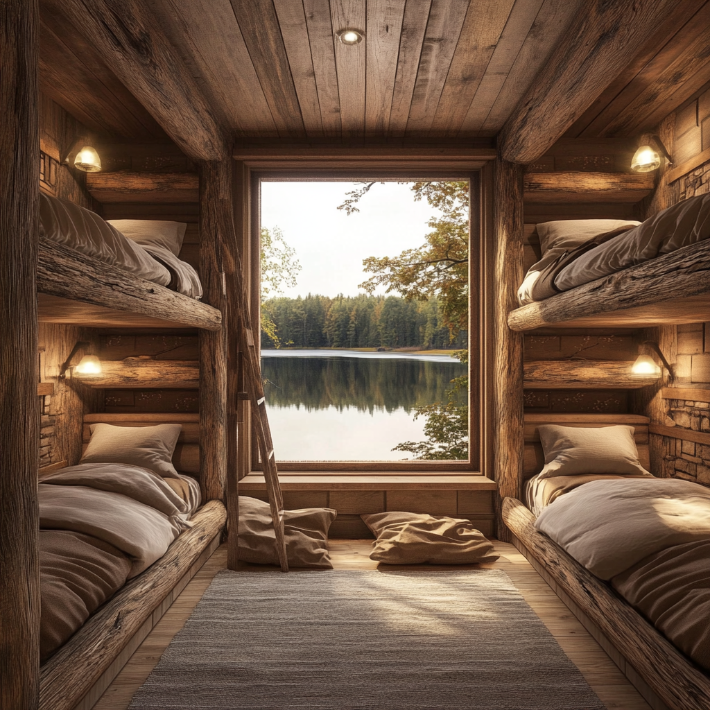 Architectural design of cabin with lake view, cozy beds.