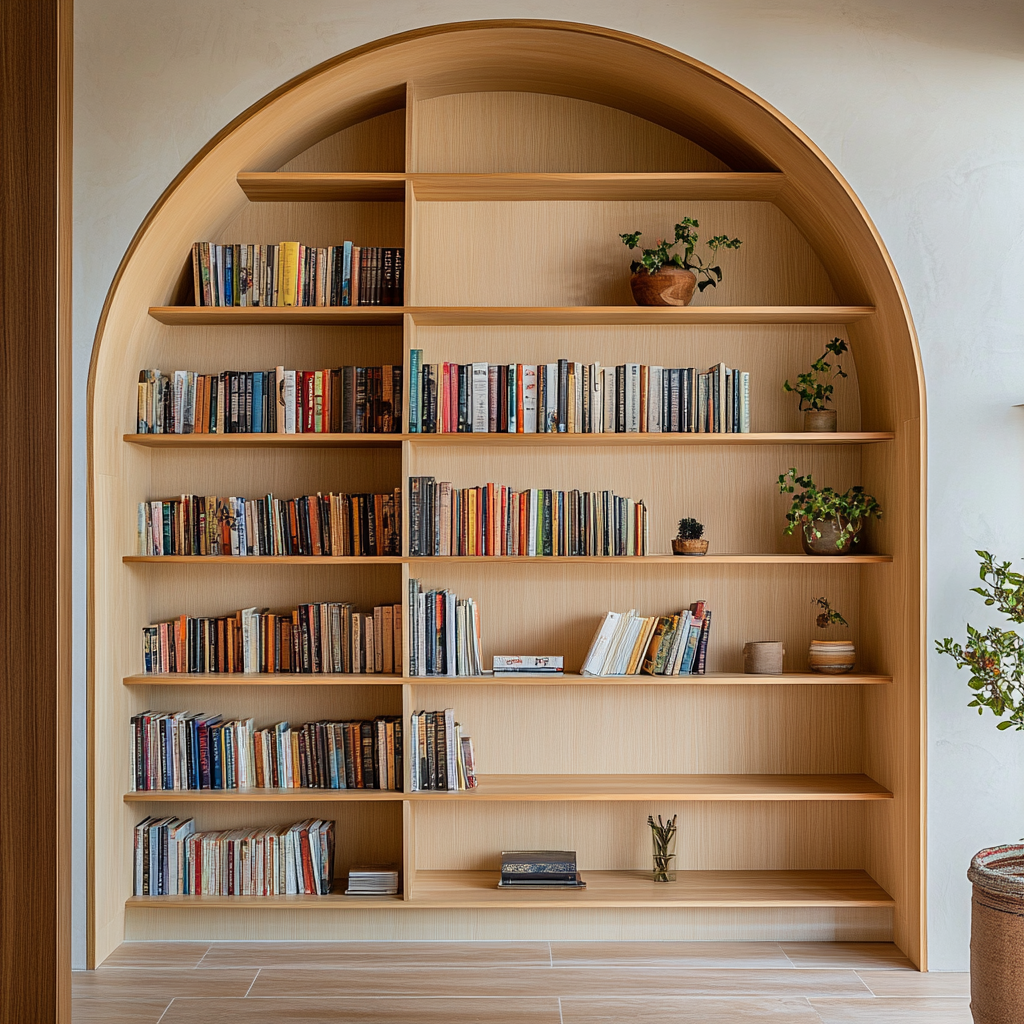 Archway bookshelf with wooden shelves filled with books and plants