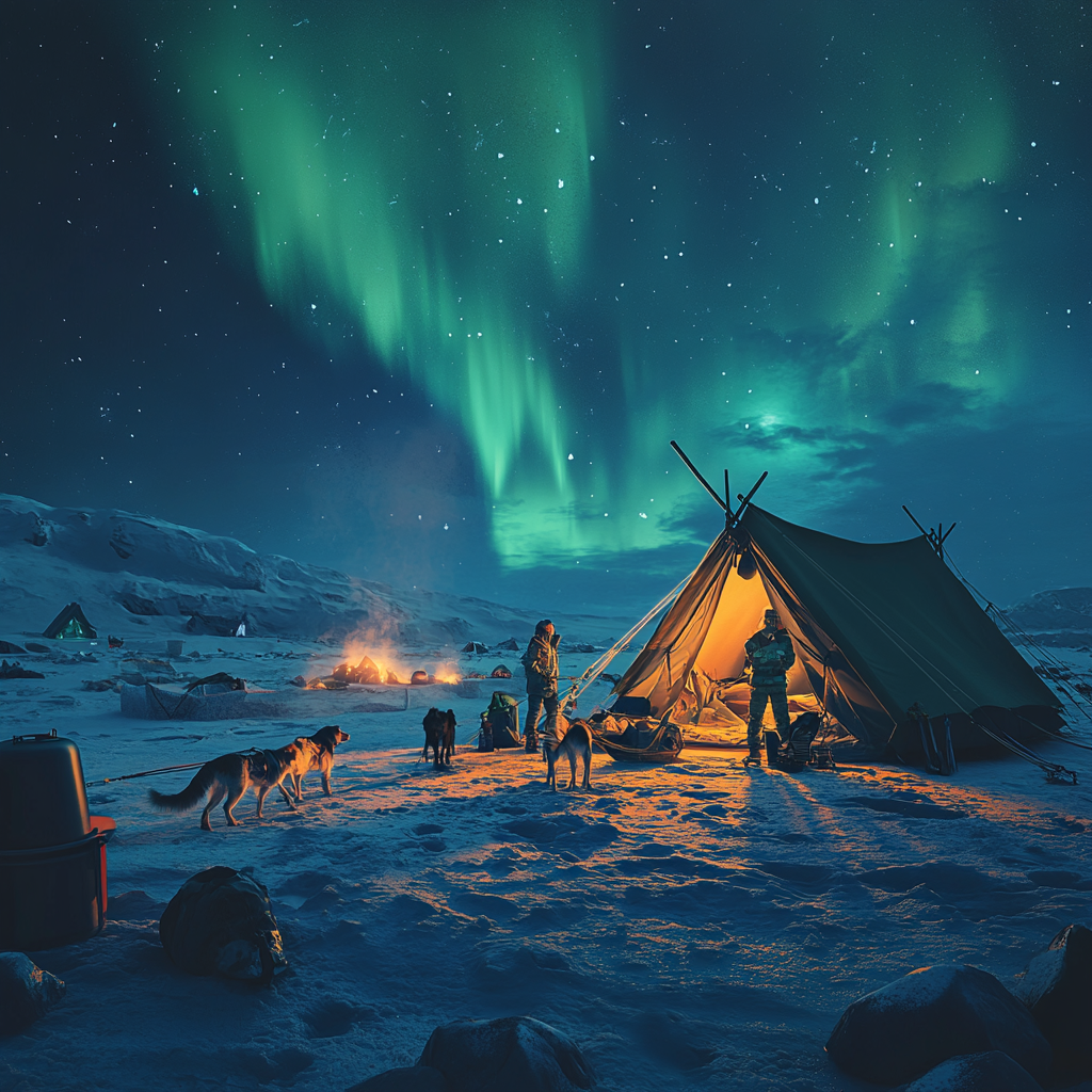 Arctic Explorer's Camp: Tent, Sled Dogs, Northern Lights