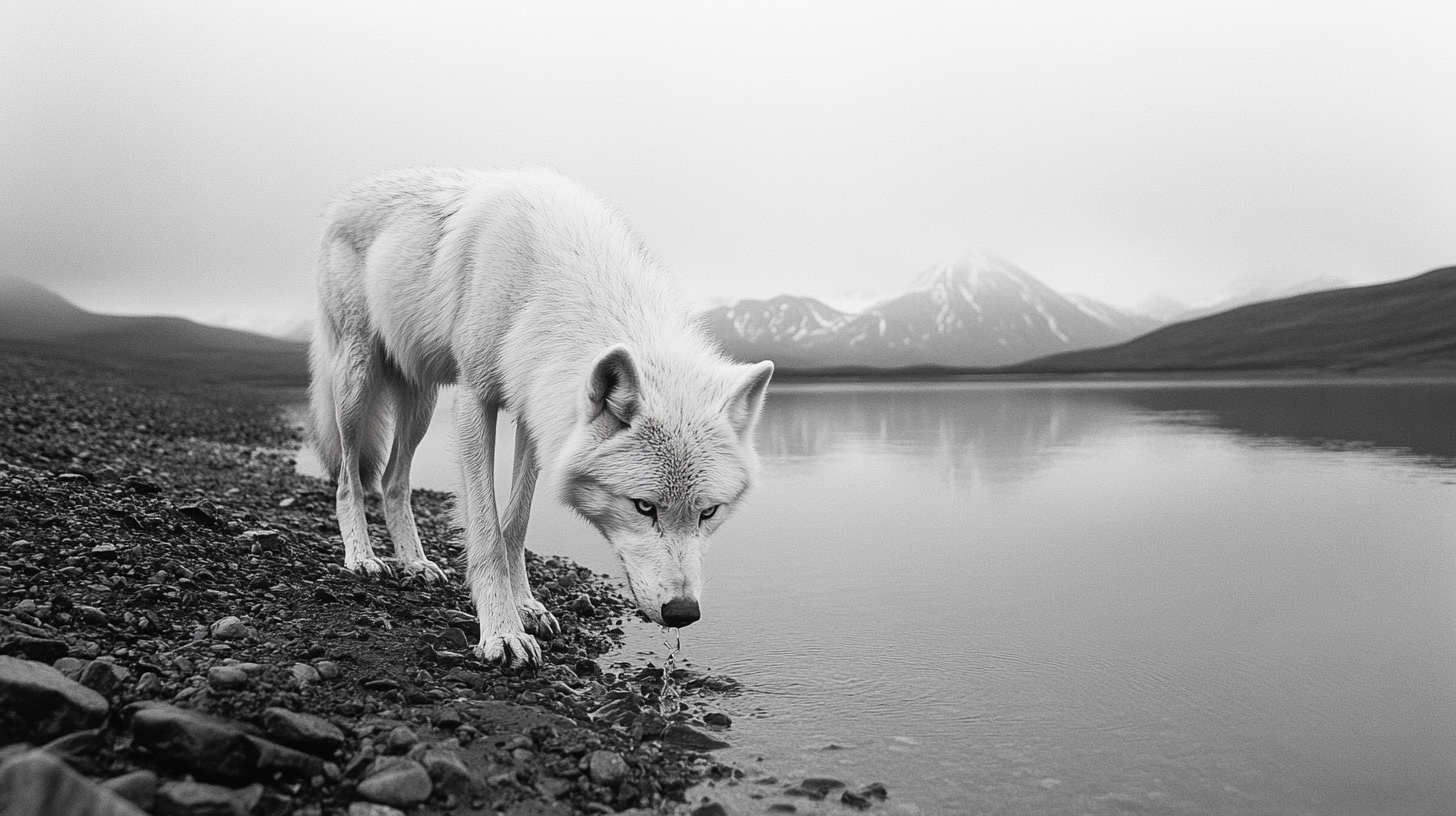 Arctic Wolf drinking from Alaskan lake, Denali in background.