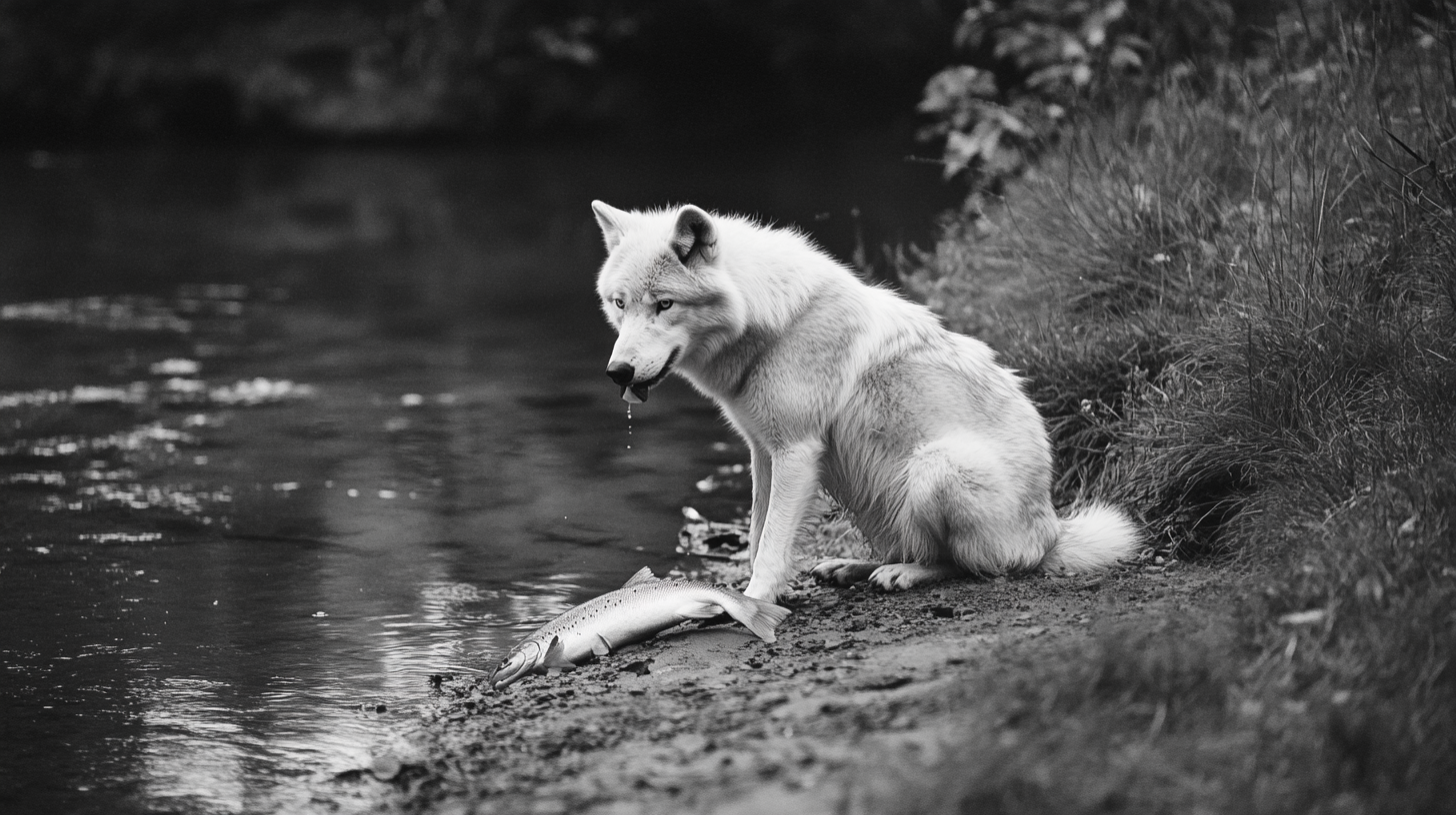 Arctic wolf eating salmon near Alaskan forest creek.