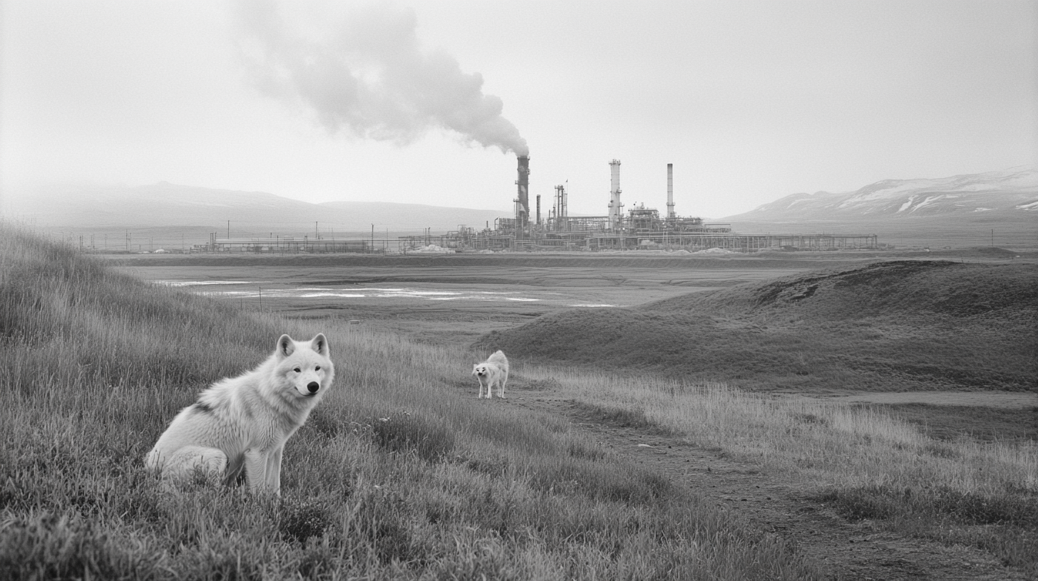 Arctic wolf family on Alaskan tundra, Exxon plant nearby.