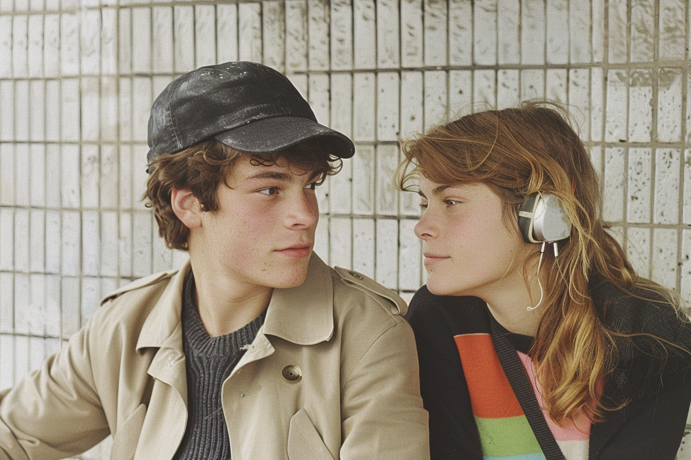 Argentinian boy in black cap looks lovingly at orange-haired girl.