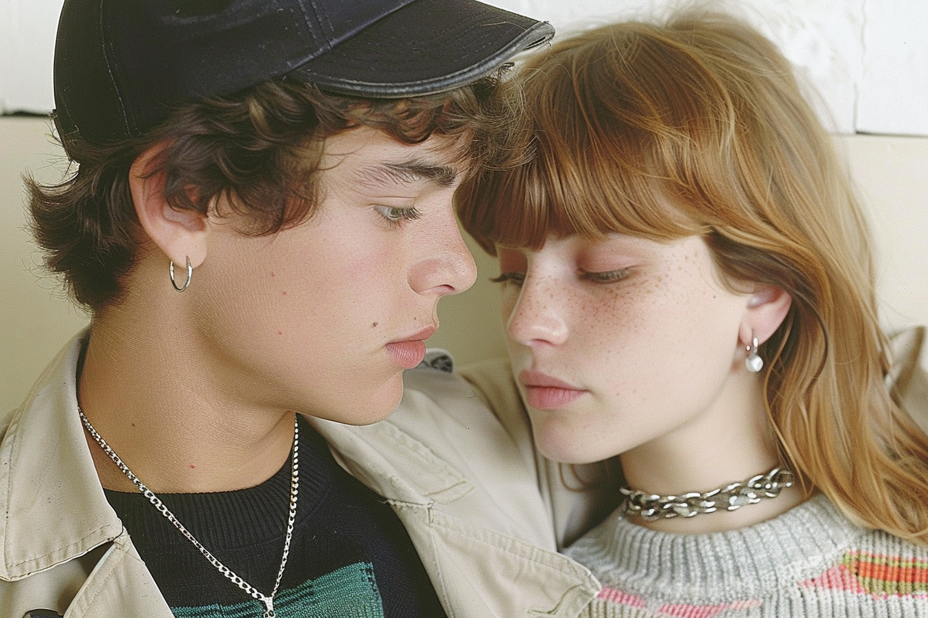 Argentinian boy in trenchcoat and baseball cap looks at girl.