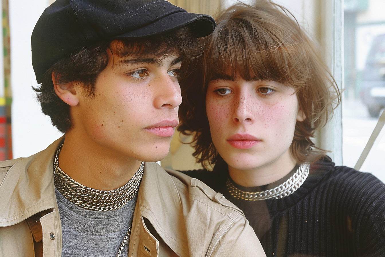 Argentinian boy in trenchcoat and baseball cap looks girl.