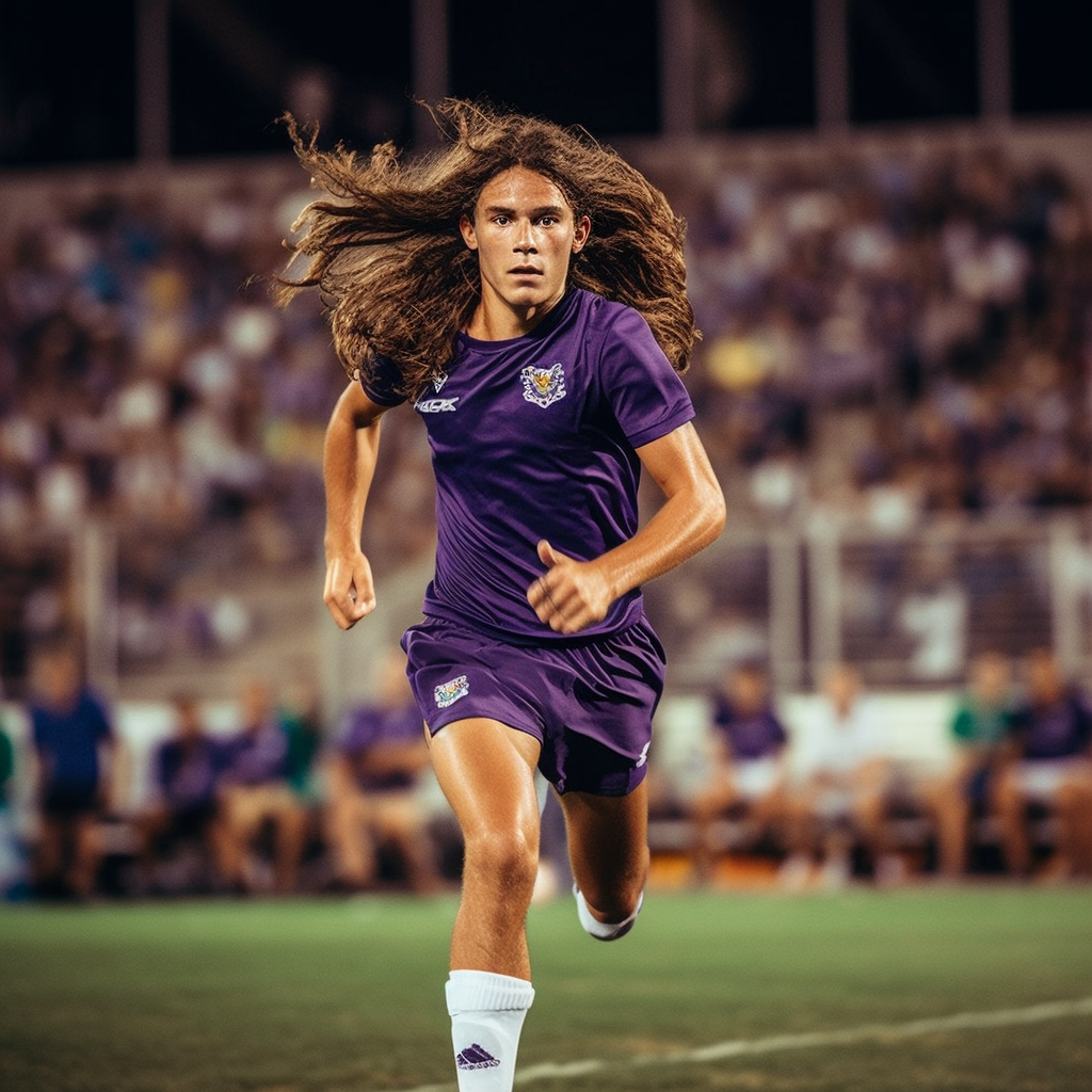 Argentinian football player in Fiorentina's purple jersey sprinting.