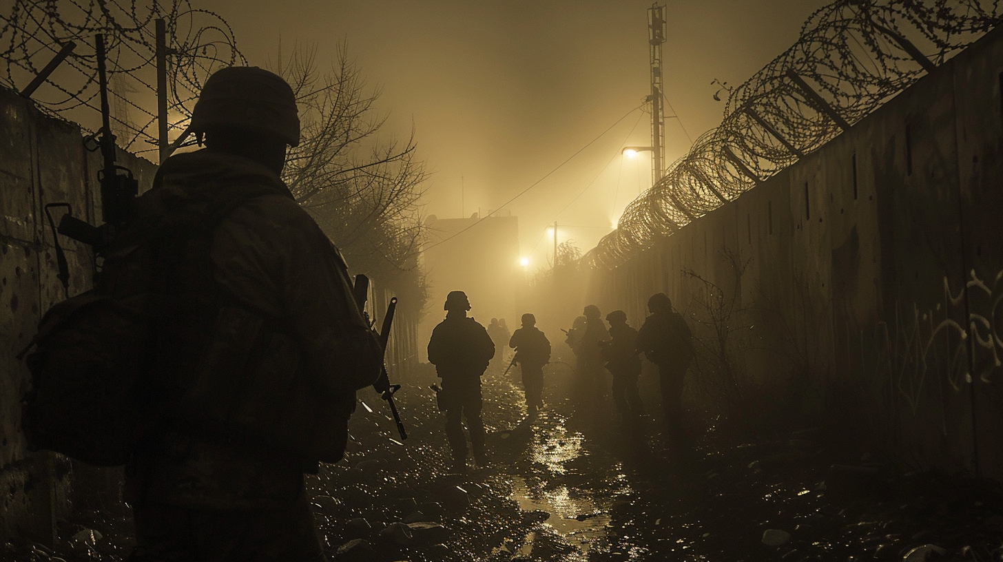 Armed combatants in compound, alert with rifles, behind walls.