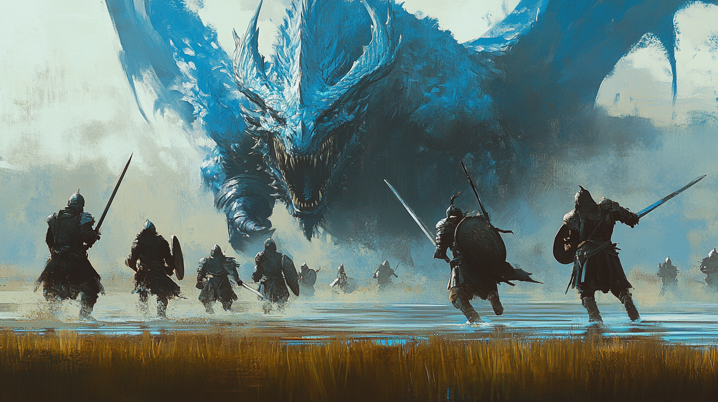 Armored warriors battle blue dragon in Dungeons & Dragons art