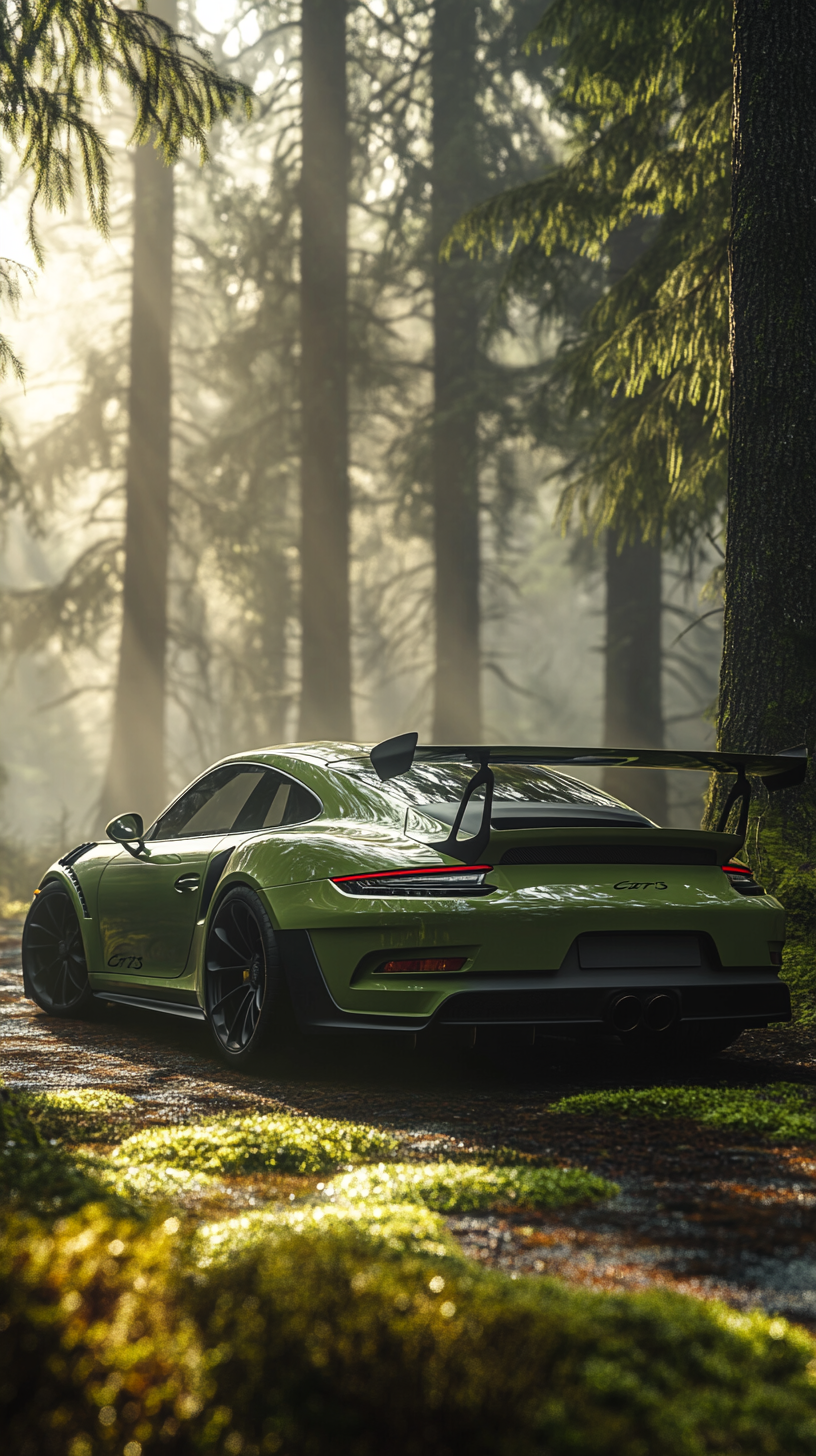 Army green Porsche GT3 RS among misty forest dawn.