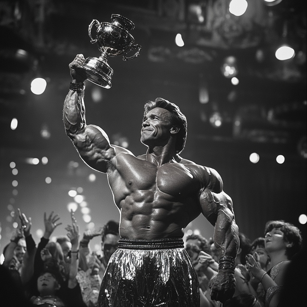 Arnold Schwarzenegger showing muscular body and lifting trophy.