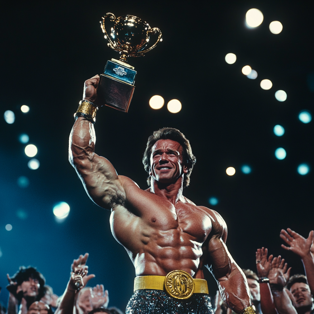 Arnold Schwarzenegger showing off muscles, lifting trophy. Applause.