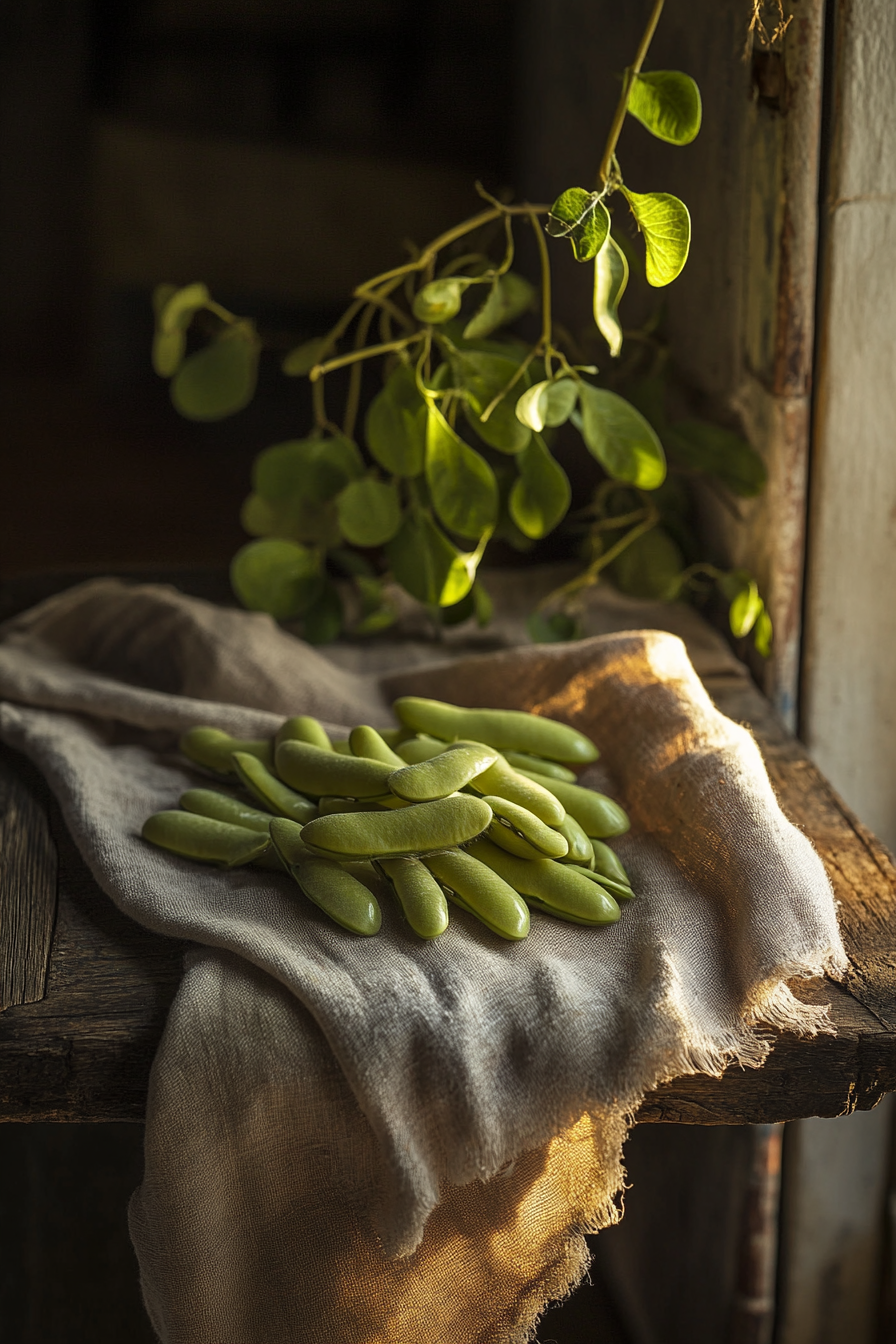 Arrangement of Broad Bean Seeds on Wooden Table