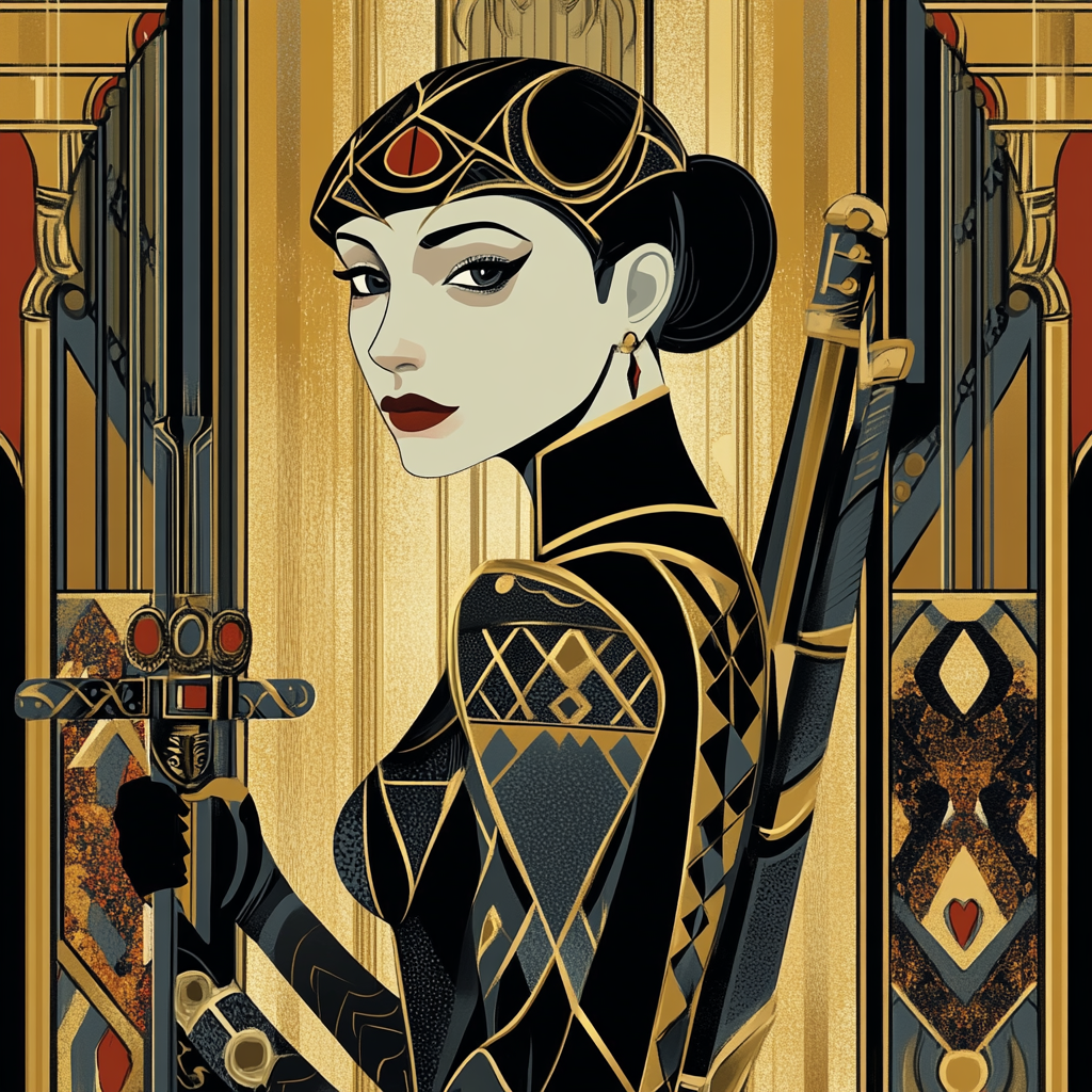 Art Deco elegance: female Jack with sword and shield.