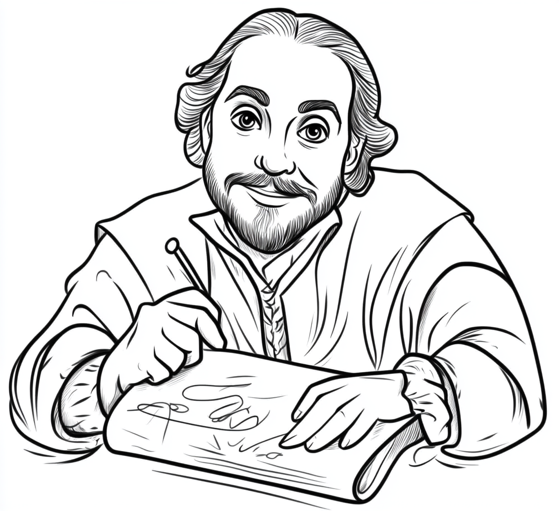 Art coloring page of William Shakespeare writing on scroll.