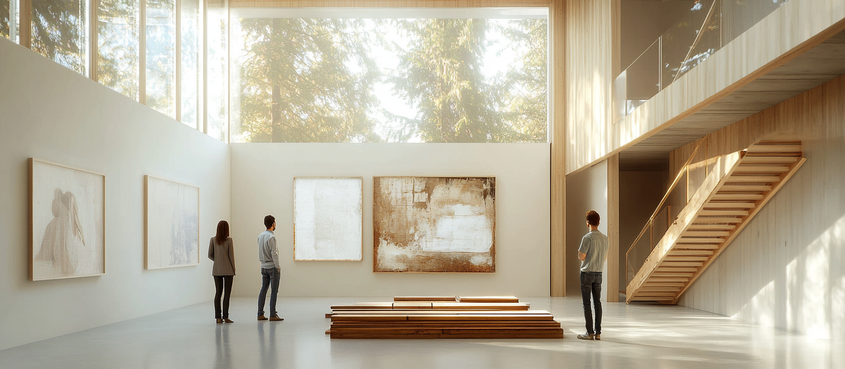 Art gallery with timber, concrete, glass set in woods.