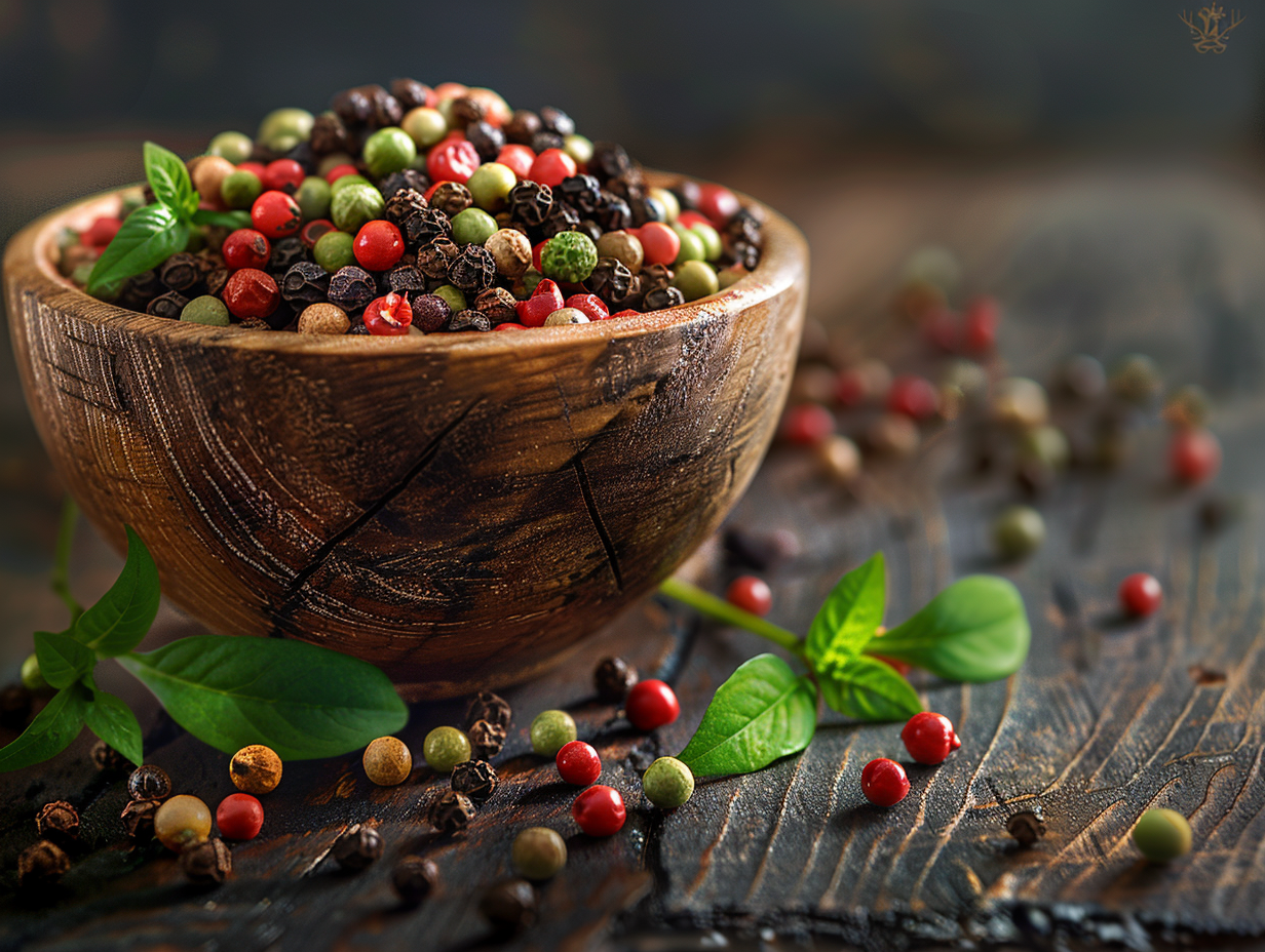 Artful Display of Kampot Peppercorns on Rustic Wood