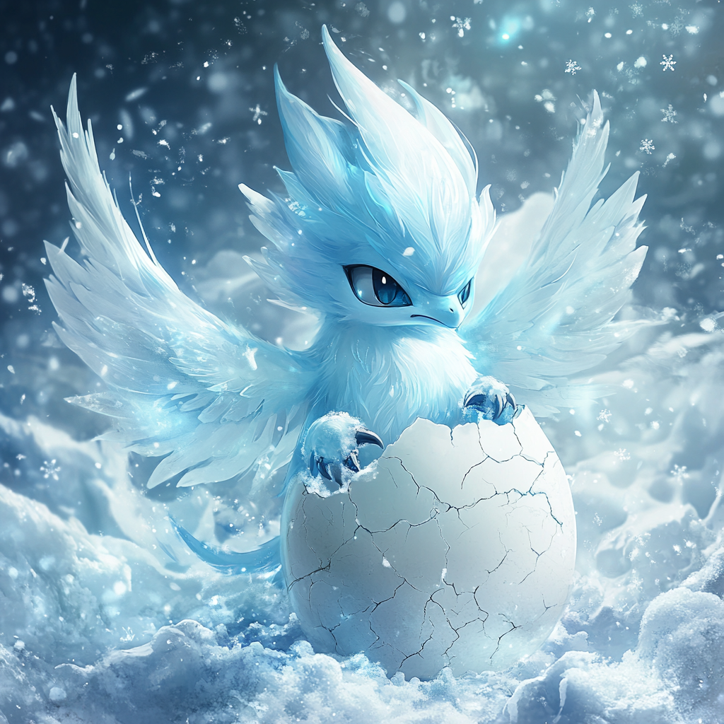 Articuno hatches from frosty egg in magical ice scene.