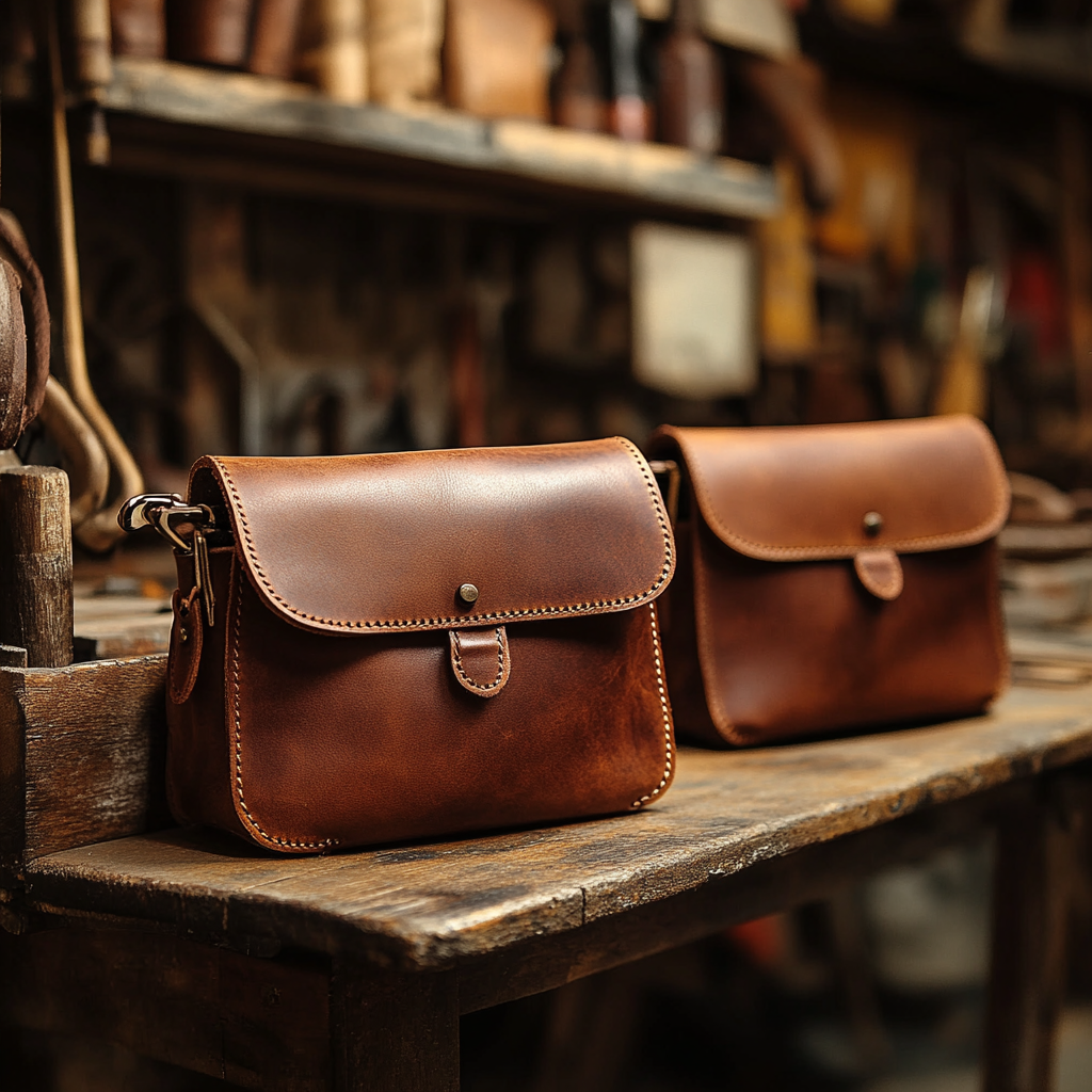 Artisanal Nicaraguan Leather Crossbody Bags on Wooden Workbench