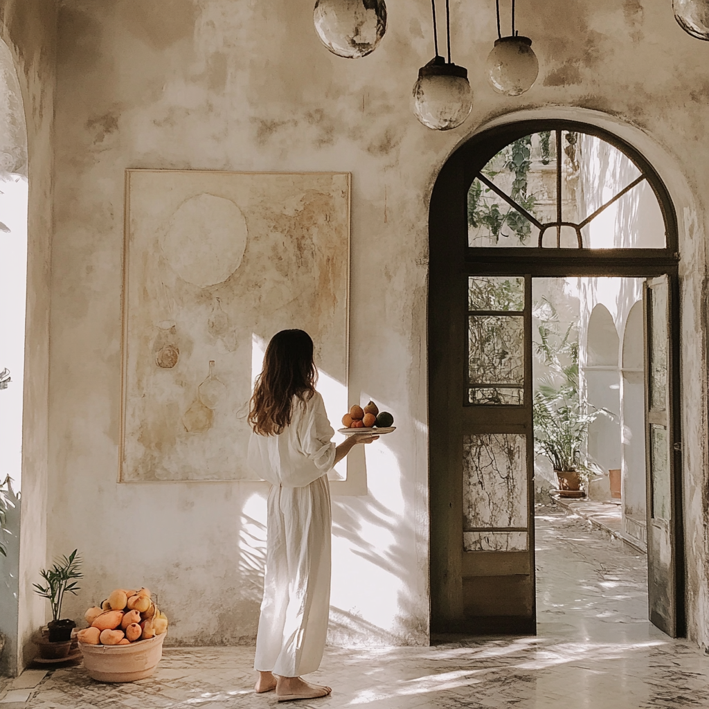 Artist painting on pastel wall, girl holding fruits in villa.