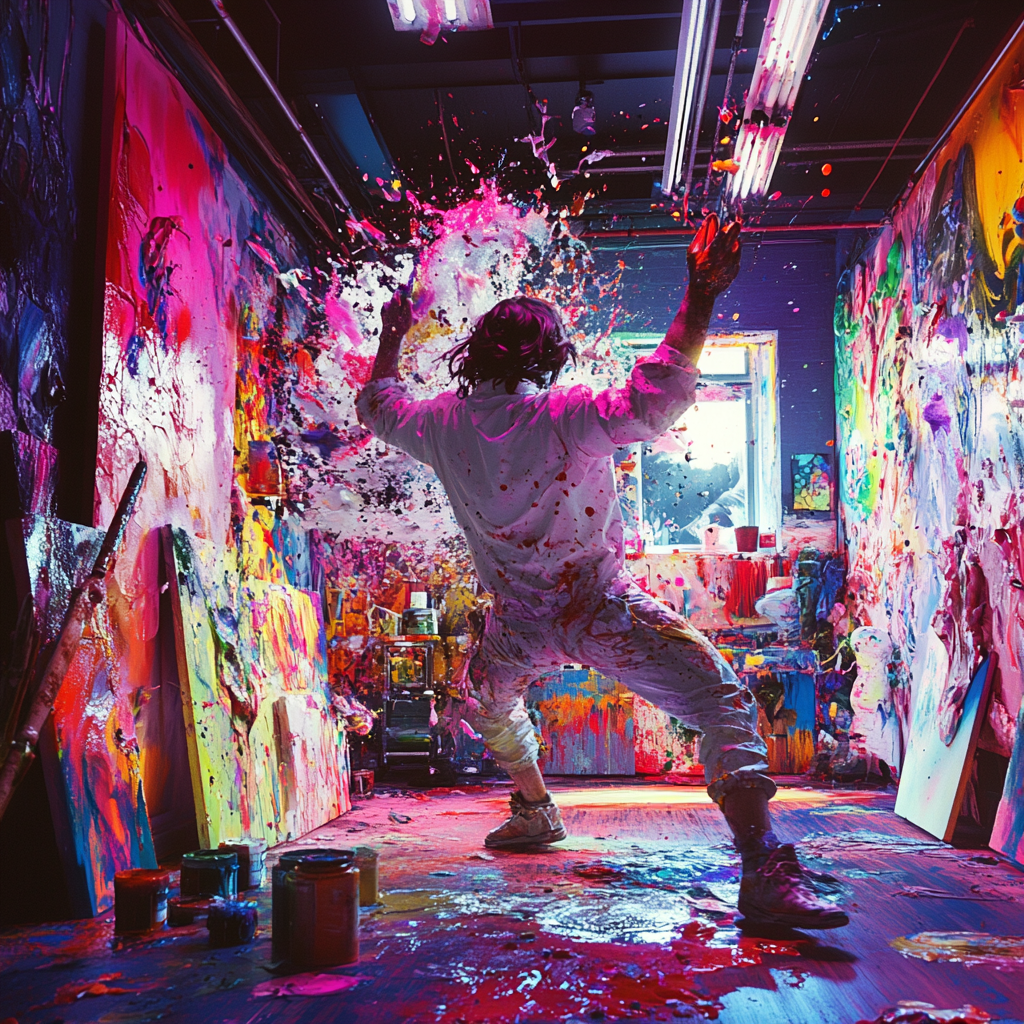 Artist paints in neon-lit studio with chaotic colors.