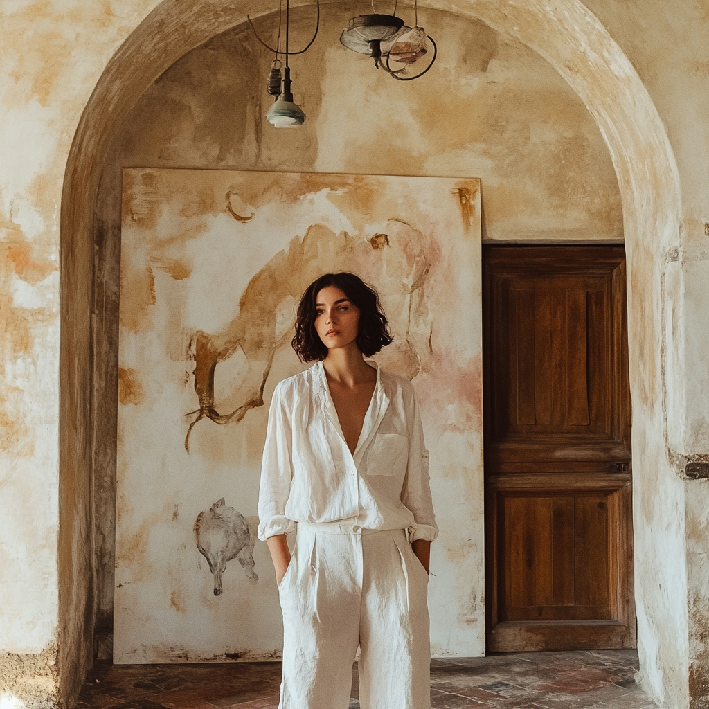 Artist posing in front of white painted wall in villa.