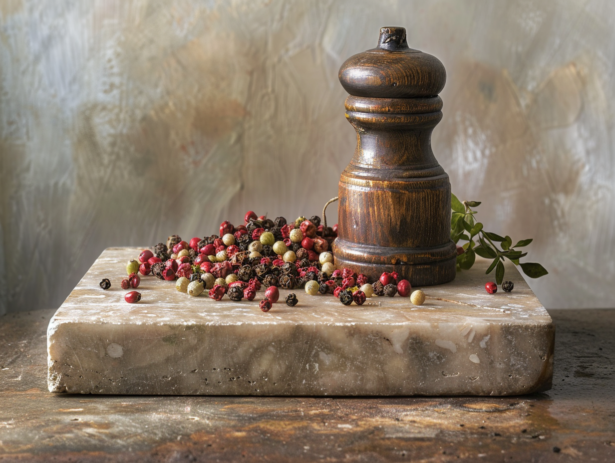 Artistic Display of Kampot Peppercorns on Marble