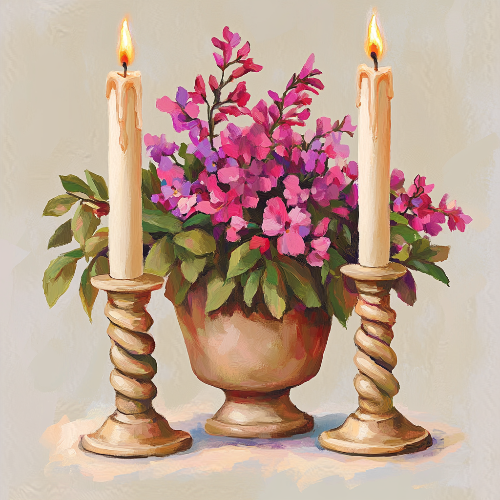 Artistic Shabbat Scene with Candles and Chalatas