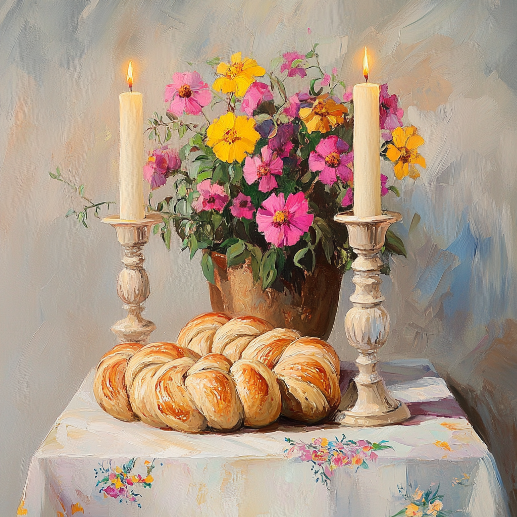 Artistic Shabbat Setting with Bright Flower Pot