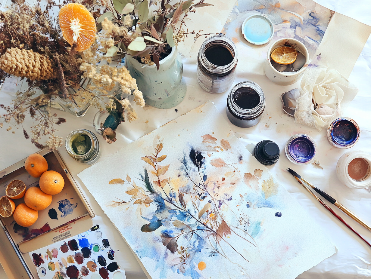 Artistic Workspace with Natural Elements and Supplies