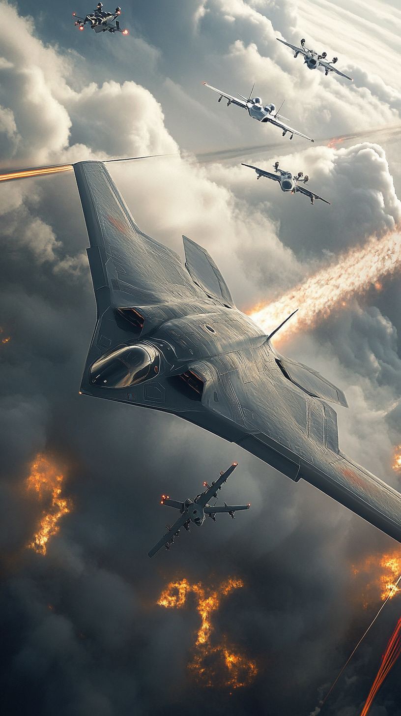 Artistic depiction of futuristic B-21 Raider in battle.