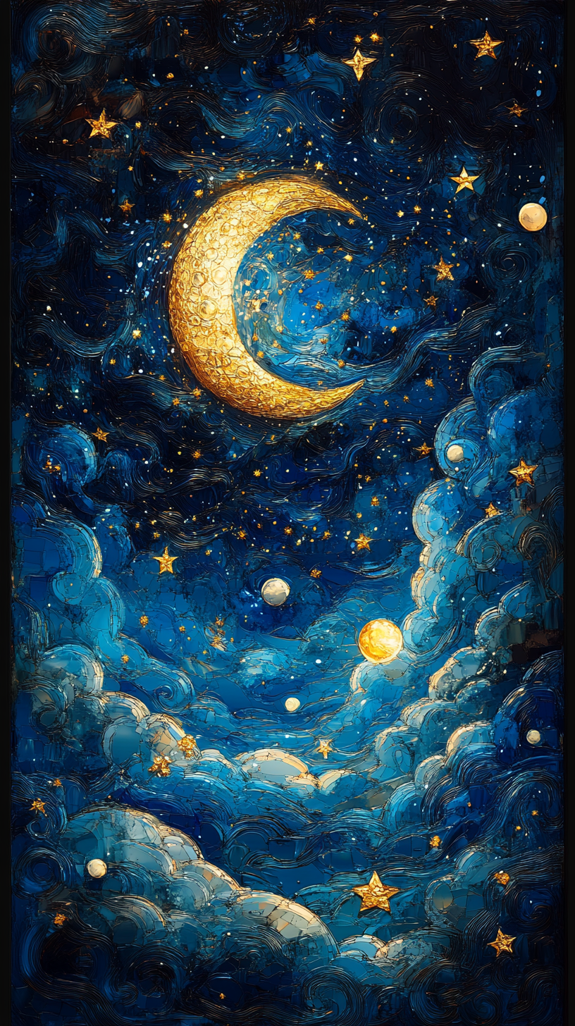 Artistic depiction of night sky with celestial elements.