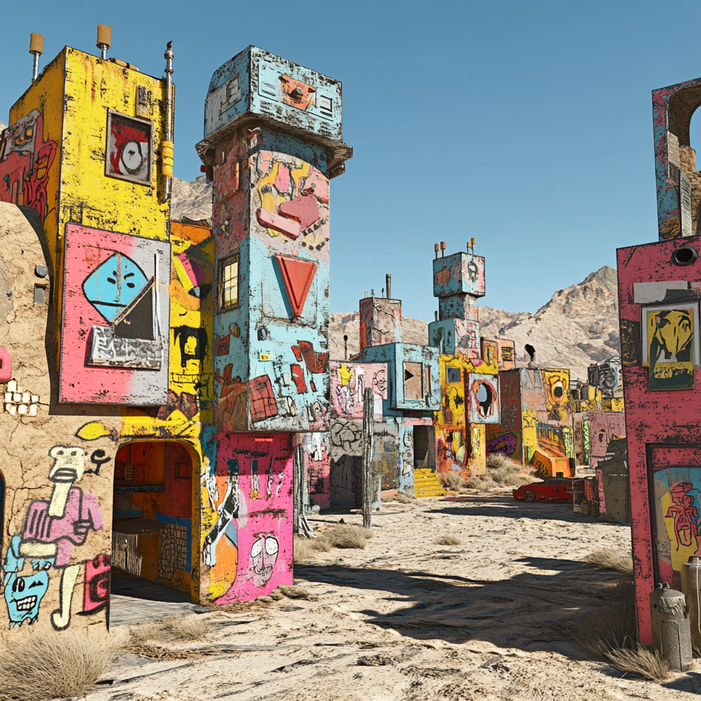 Artistic desert town with vibrant buildings inspired by iconic artists.