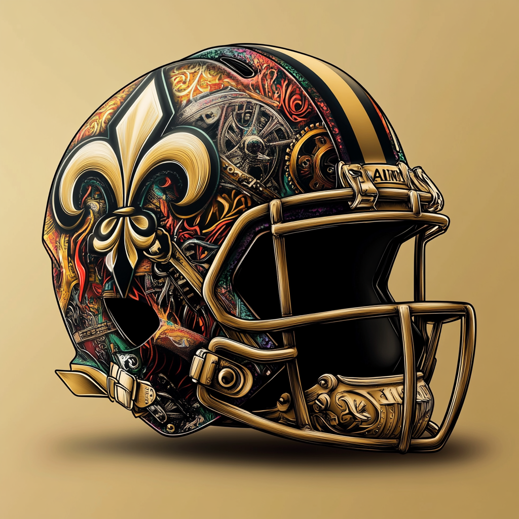 Artistic football helmet with gears, flames, and fleur-de-lis symbol.