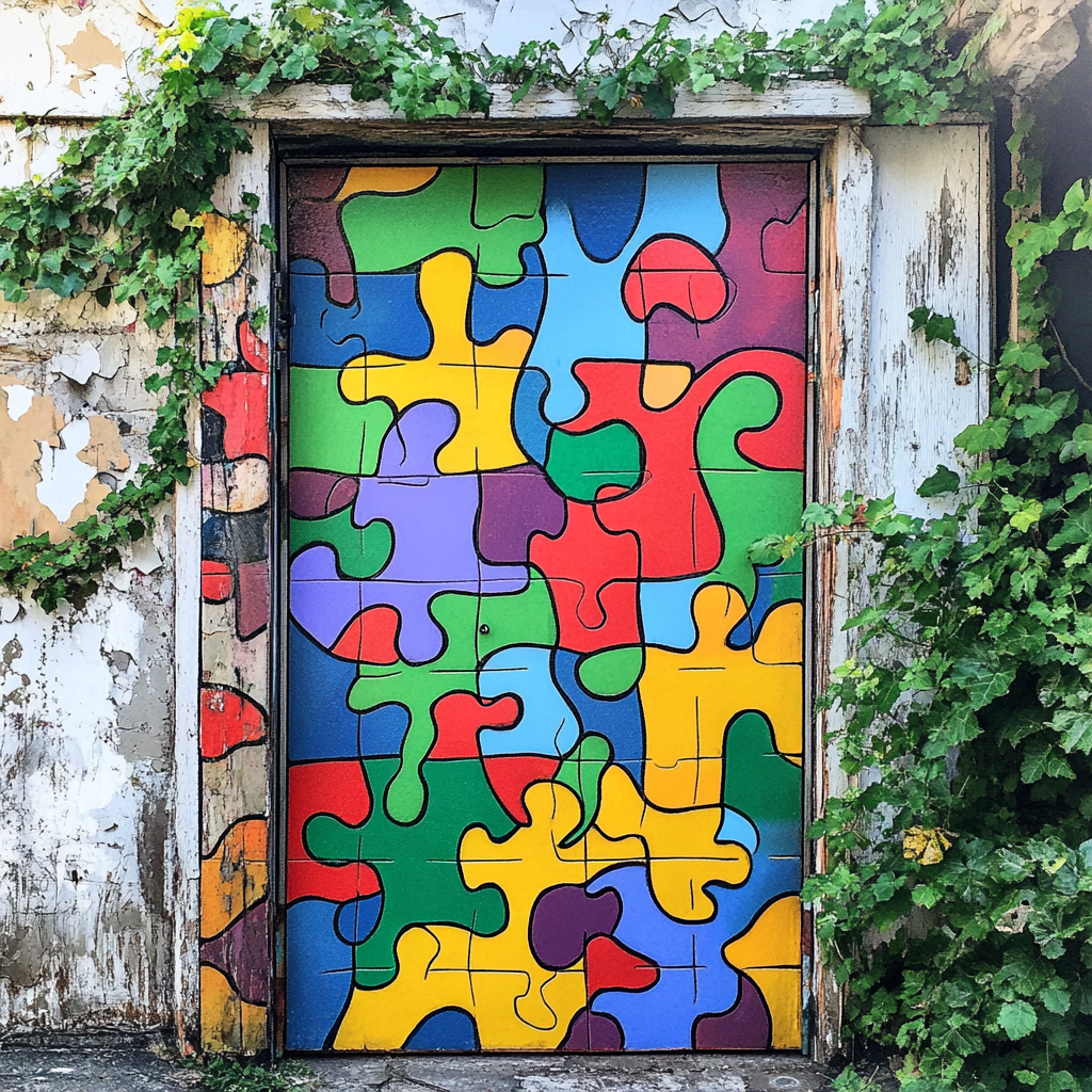 Artistic hand-painted door with vibrant puzzle pieces.