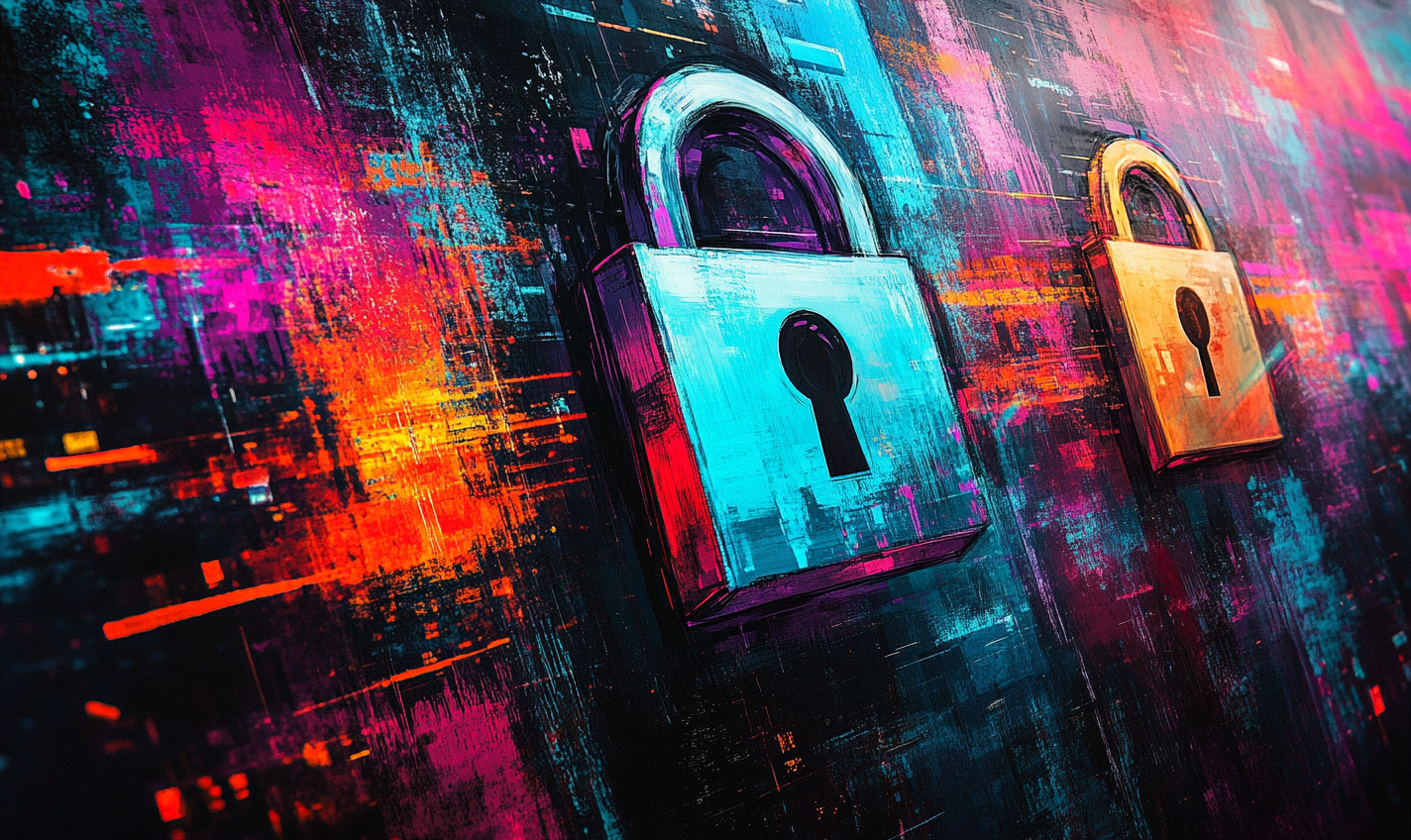 Artistic illustration on cybersecurity with colorful techy style.